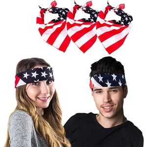 Set Lot of 3 Lightweight American Flag Bandana Scarf Headband Handkerchiefs NEW